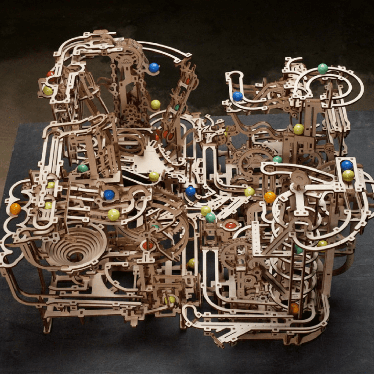Marble run with spiral elevator-Mechanical wooden puzzle-Ugears--